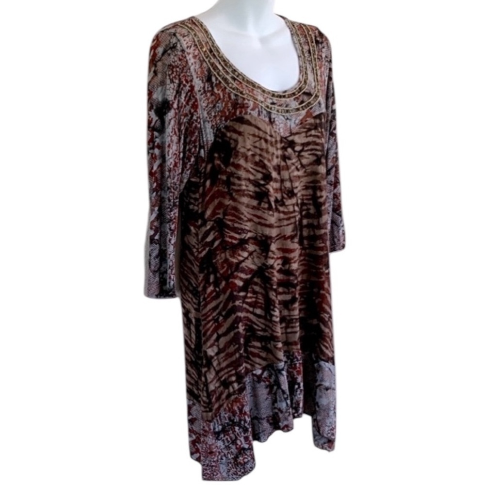 Faith dress, women's M beaded scoop neck tiger print midsection, brown tan grey